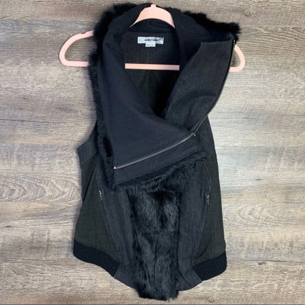 Helmut Lang Asymmetric Black Fur Denim Vest